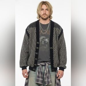 Vintage Cosi Sweater Jacket Black Leather Trim Retro Y2K Knit Woven L